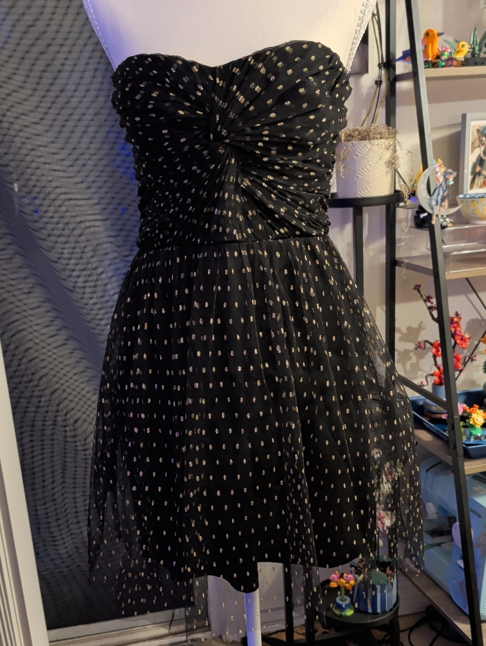Lulu's Black Strapless Tulle Dress with Gold Dot Detail XL